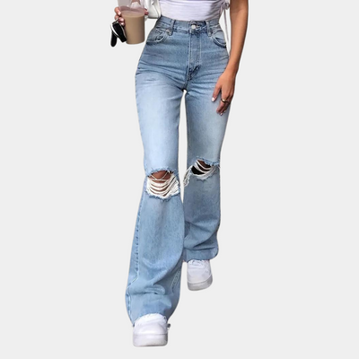 Grethe | Høytaljede flared jeans med slitte detaljer