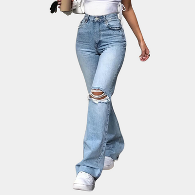 Grethe | Høytaljede flared jeans med slitte detaljer